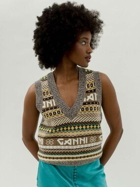 GANNI logo jacquard wool knitwear patterned sweater vest size Medium